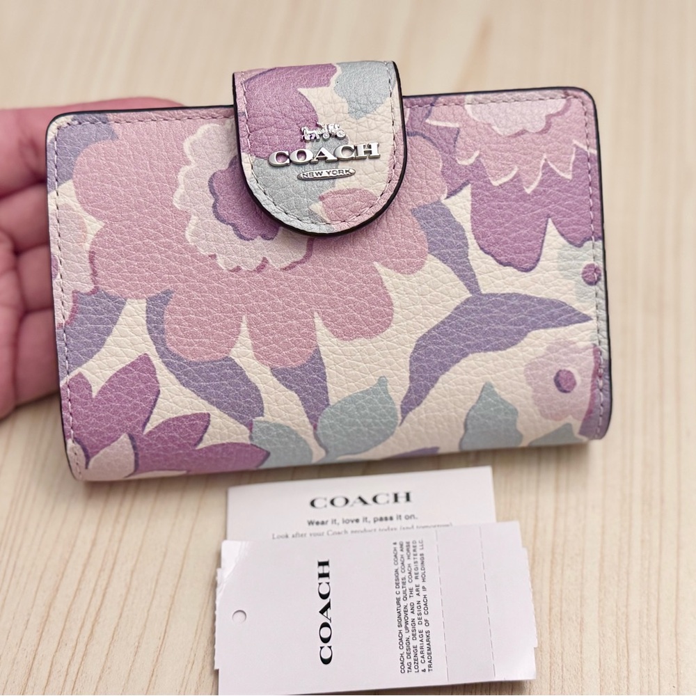 COACH Medium Corner Zip Wallet With Floral Print Ivory/Purple/Pink Multi CBO31